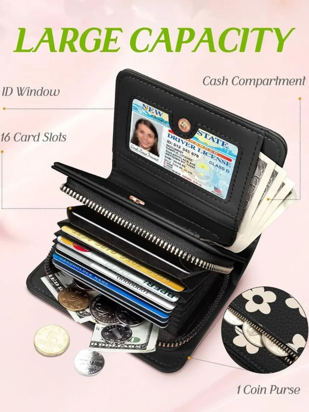 Stylish RFID Credit Card Holder Wallet for Women - 16 Slots, Zipper, Cute